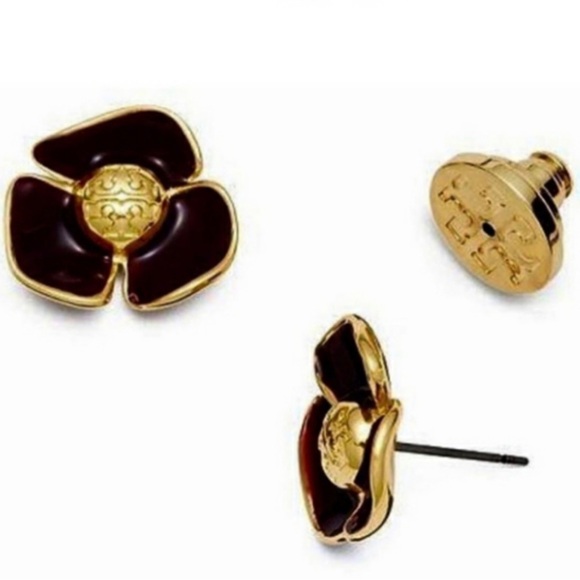 🆕 Tory Burch Authentic Small Black Resin Fleur & Gold Tone Logo Stud Earrings - Picture 10 of 12